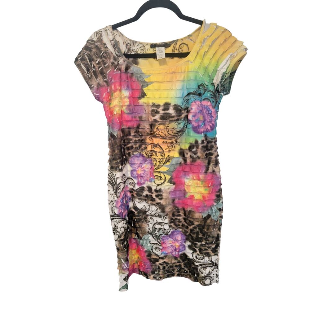 1980's M Petite Floral Animal Print Pleated Layer Bodycon Short Dress Retro Club